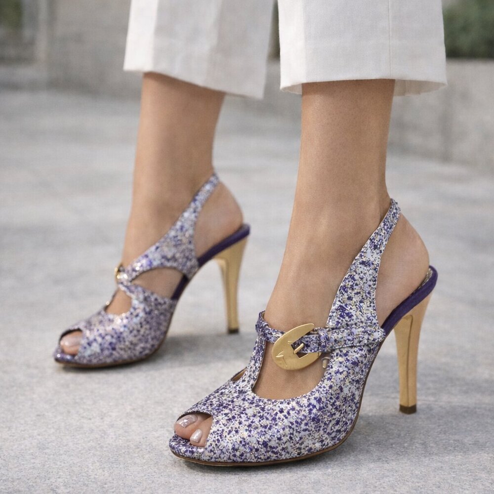 Giorgio Piergentili peep toe sling back heel, metallic gold, ivory, purple, sz 6